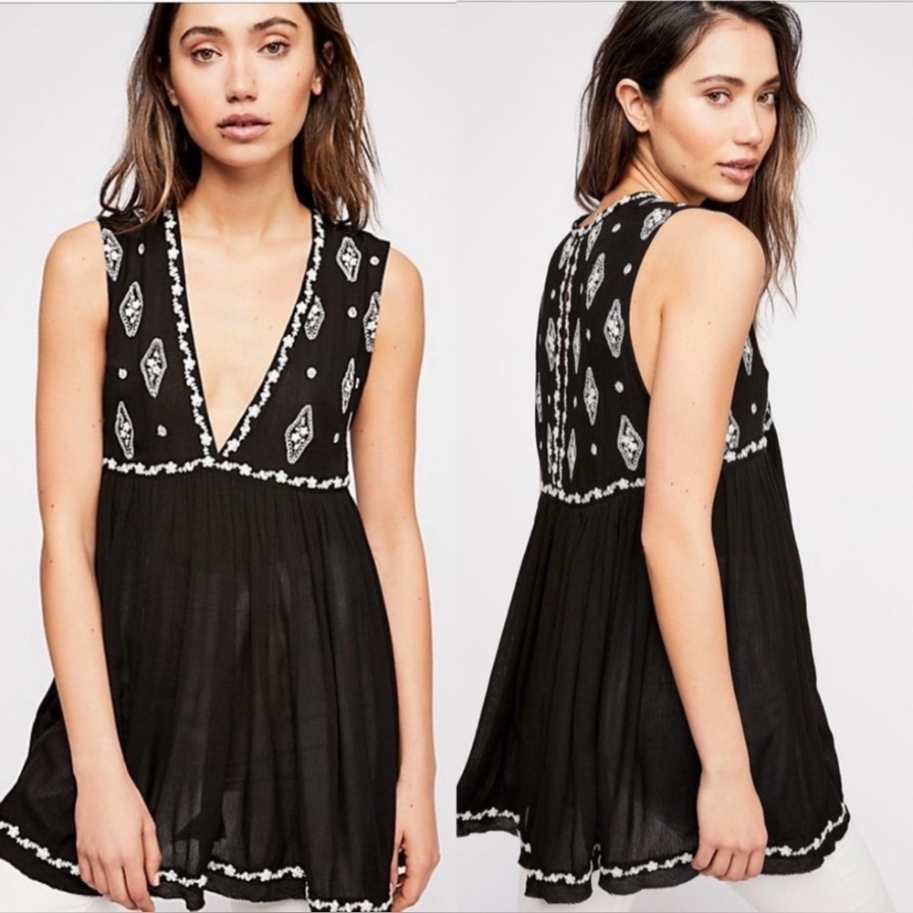 Free People Black Diamond Embroidered Sleeveless Tunic Top Size  XS